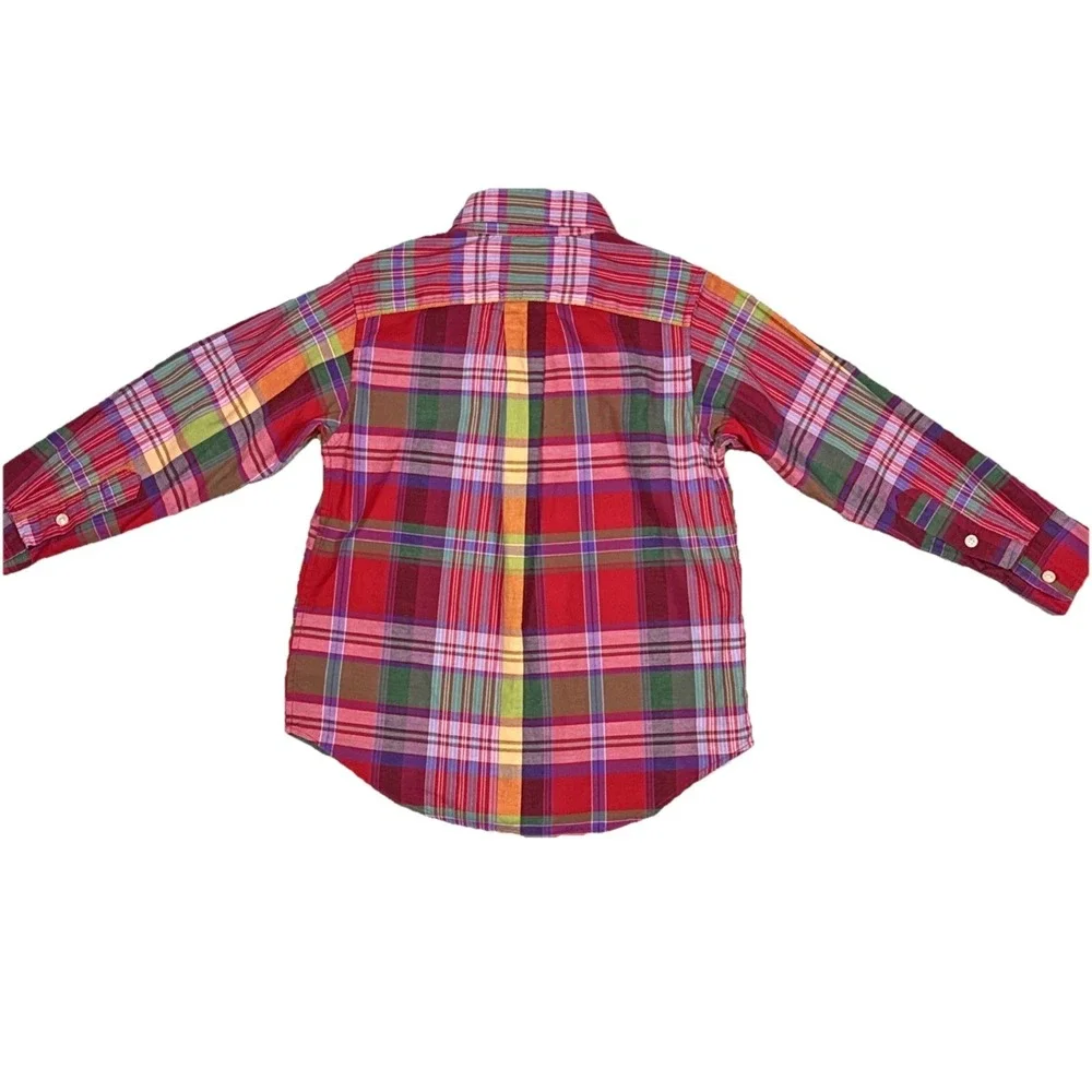 Ralph Lauren Boys 4 4T Plaid Long Sleeve Button Down Shirt Red Purple Green Pony